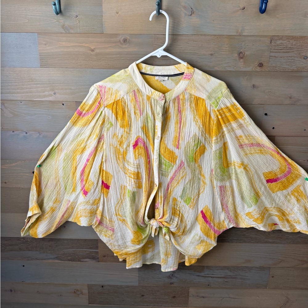 Pilcro Yellow and Orange Asymmetrical Tie Front Blouse. Picture is how it fits